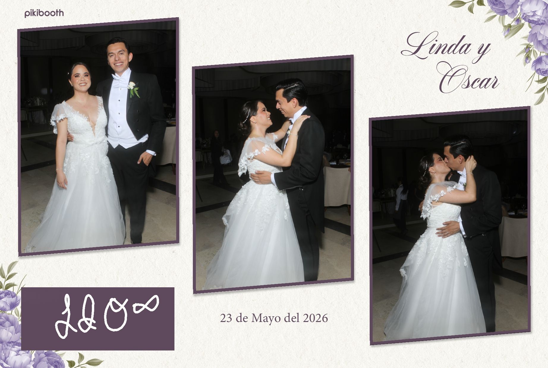 Impresión Pikibooth de boda en salón de Querétaro: tres fotos de los novios con diseño floral personalizado